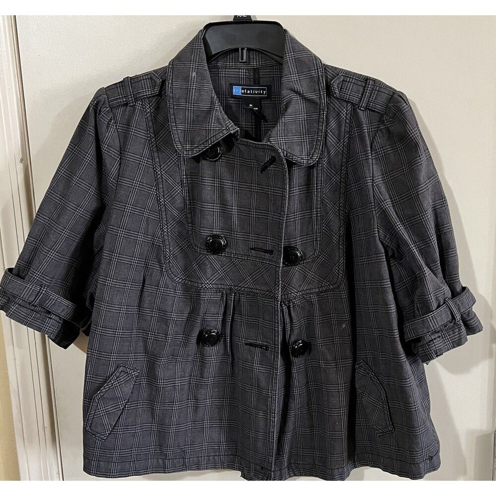 Relativity Women’s Gray Plaid Jacket 3/4 Sleeve Plus Size XL